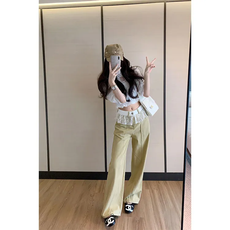 【纯白之恋】法蕾正反两穿衬衫女气质短袖上衣+蕾丝花边拼接牛仔裤