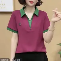 新款时尚假两件polo衫洋气百搭撞色拼接翻领短袖