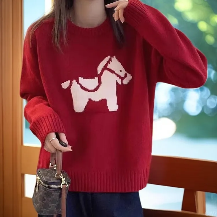 慵懒风复古提花卡通红色套头毛衣女春秋韩系宽松减龄针织衫上衣潮