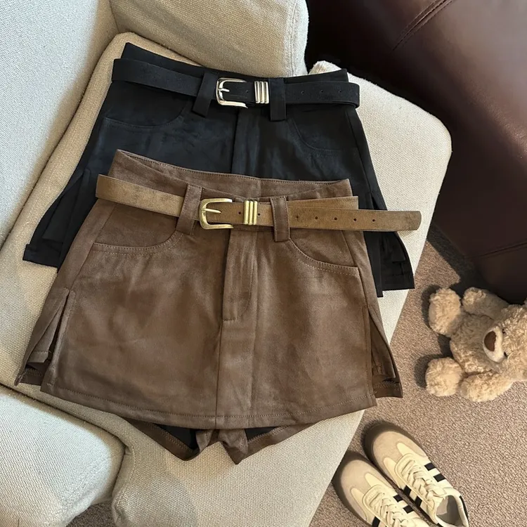 设计感时尚鹿皮绒高腰显瘦开叉半身裙防走光短裙a字裙女配皮带
