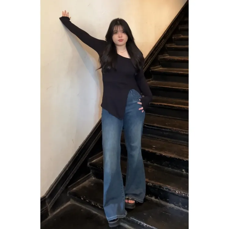 【秋冬】高腰设计感微喇胖mm牛仔裤女胖mm显瘦裤子