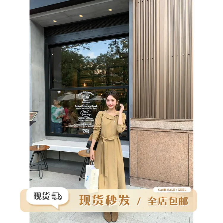 陳文文xenl【伊顿晚秋】秋冬新款气质百搭显瘦收腰绑带连衣裙0026