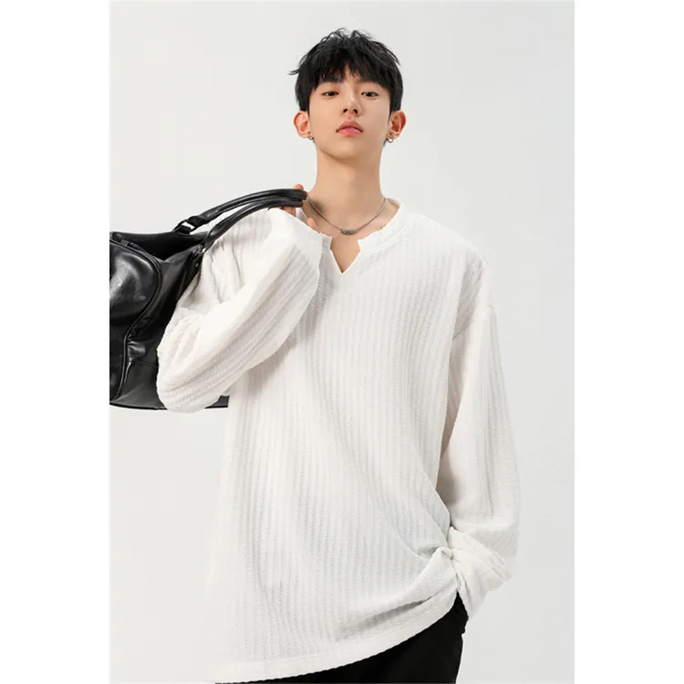 白色肌理坑条重磅长袖t恤男秋季薄款美式cleanfit潮牌宽松打底衫