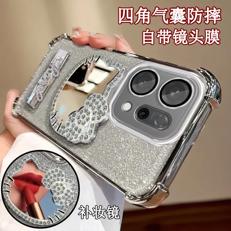 水钻KT猫补妆镜子OPPOReno14手机壳四角防摔reno14pro全包软壳新