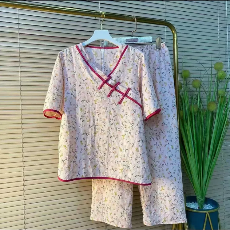 新中式国风V领复古盘口家居服两件套【实物微色差】