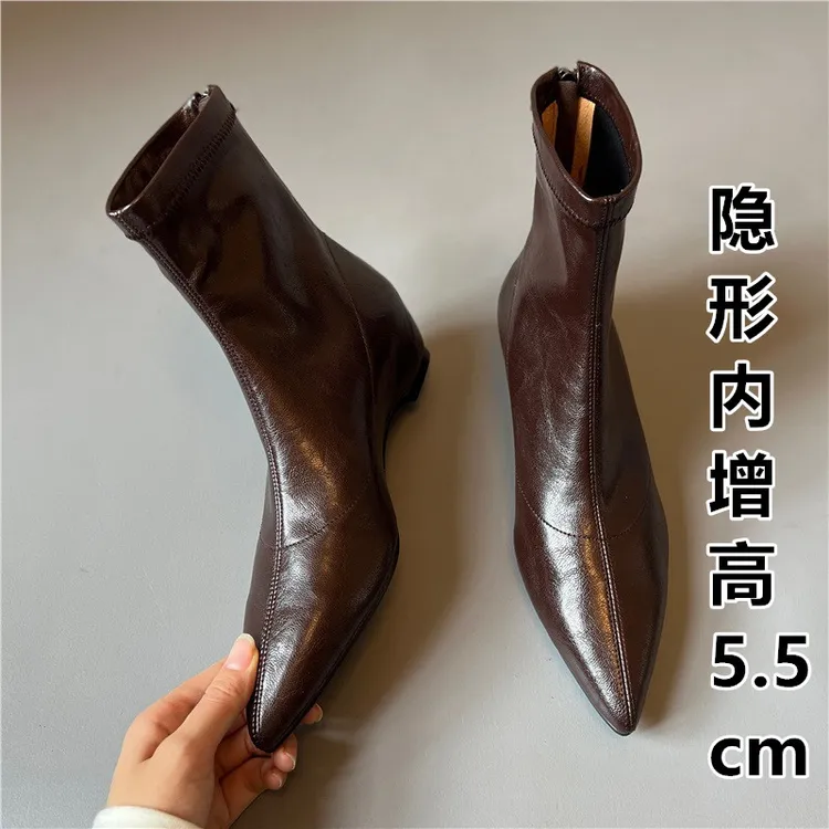 软羊皮法式复古弹力瘦瘦靴女秋冬新款尖头女靴子粗跟短靴中跟裸靴