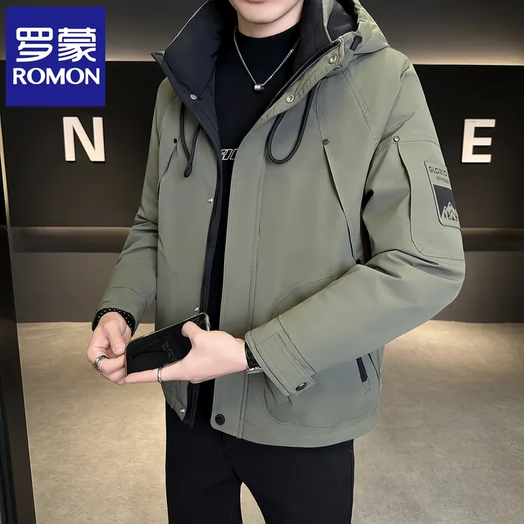 Romon/罗蒙连帽羽绒服男士短款2025冬季新款工装潮流保暖夹克外套