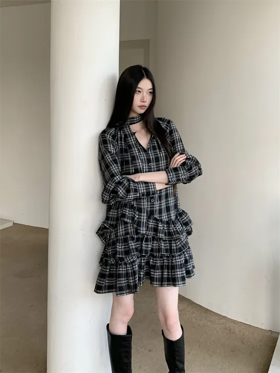 美式复古格纹荷叶边连衣裙女秋冬新款休闲百搭显瘦短裙长袖衬衫裙