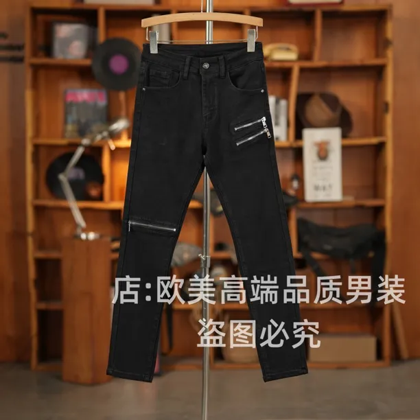 原创高端机车风拉链拼接男士黑色牛仔裤修身小直筒弹力休闲个性潮