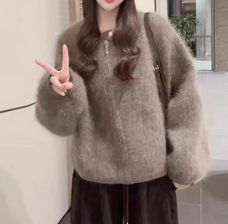 温柔风氛围感宽松开衫上衣女2025冬季新款拉链设计感针织纯色外套