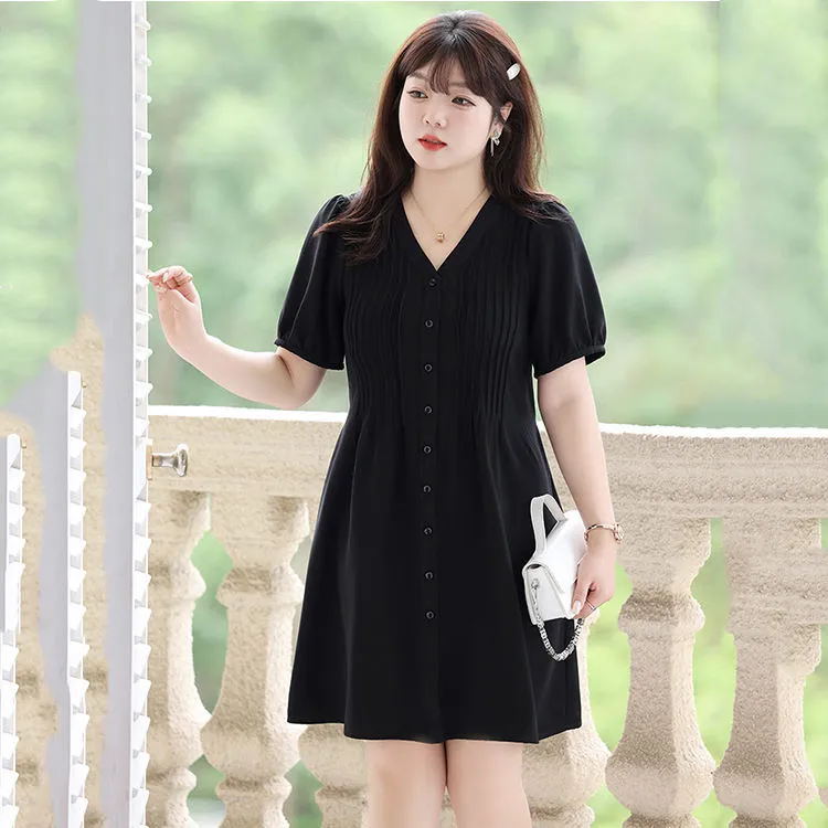 胖mm大码女装遮肚显瘦收腰小黑裙2025夏季新款洋气V领百搭连衣裙