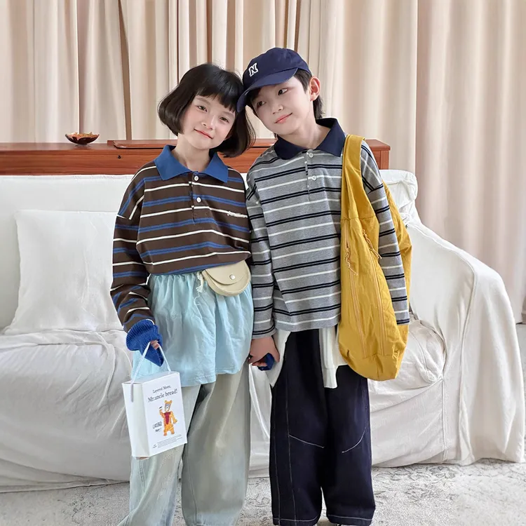 【呱呱家高定私服】秋季新款韩系复古拼色字母刺绣男女童条纹POLO衫