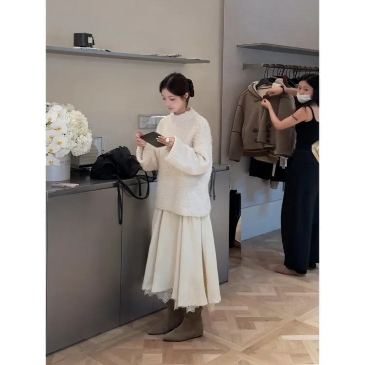 MARIE.COCO法式温柔风慵懒针织毛衣蕾丝拼接半身裙秋冬新款两件套