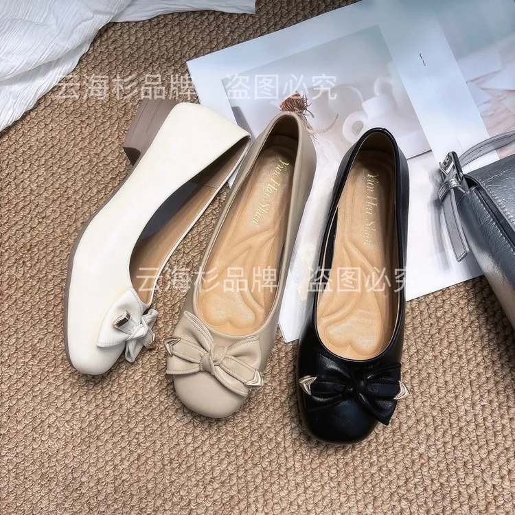 20205年新款粗跟浅口防滑薄款低跟方头法式单鞋软底软面气质百搭