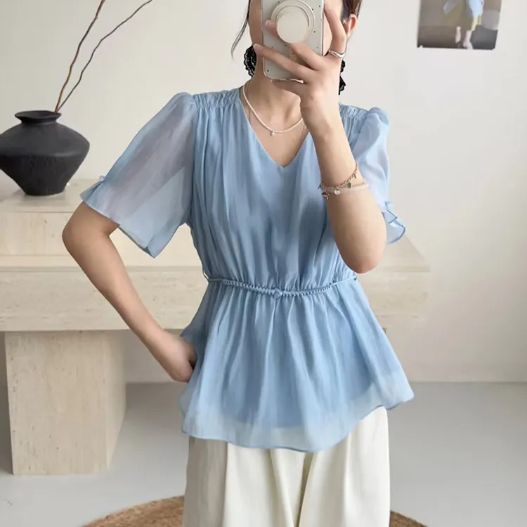 法式高级感气质V领小衫收腰显瘦短袖上衣女5213-8202