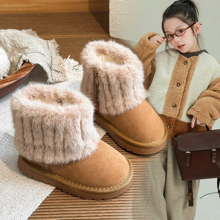 冬～【真牛皮】【毛毛雪地靴】女童新款洋气翻毛加厚保暖棉鞋1035