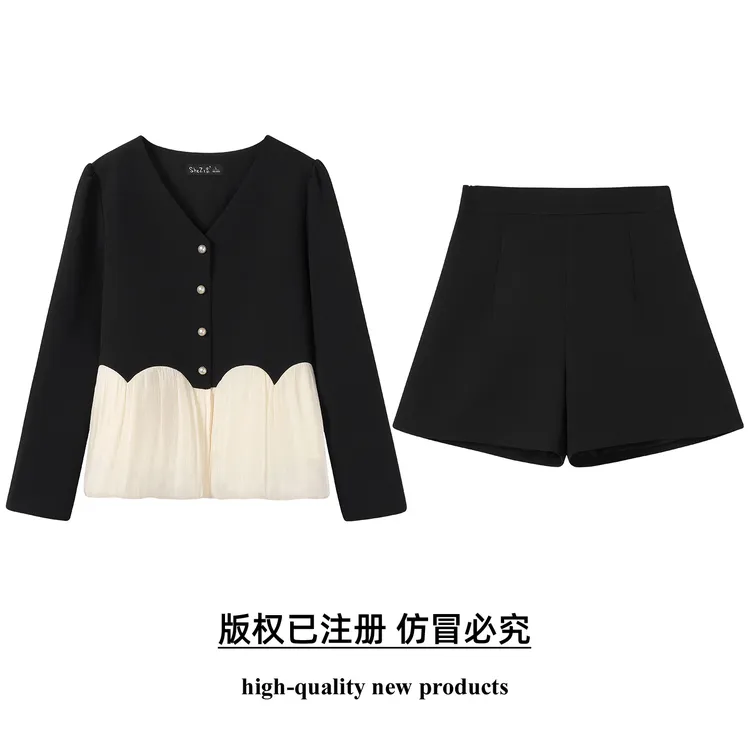 【奢姿】大码女装秋装赫本风套装撞色拼V领上衣高腰阔腿短裤两件套