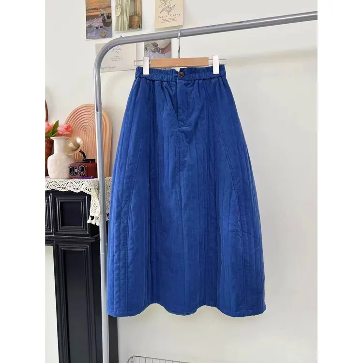 巨好看！复古日系半身裙女高腰保暖杏色秋冬新款夹棉宽松加厚长裙