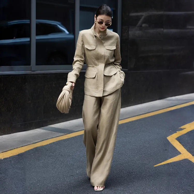 老钱亚麻套装2025早秋新款气质立领长袖宽松衬衣高腰阔腿裤两件套