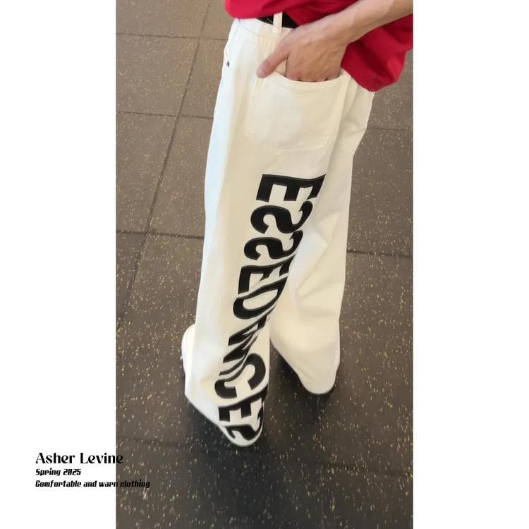 美式白色牛仔男秋季新款字母小众设计直筒裤宽松百搭高级感阔腿裤