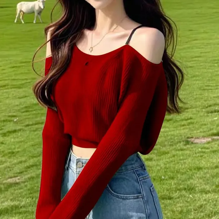 2025新款春季chic韩系小众设计感露肩绿色毛衣针织衫女减龄短上衣