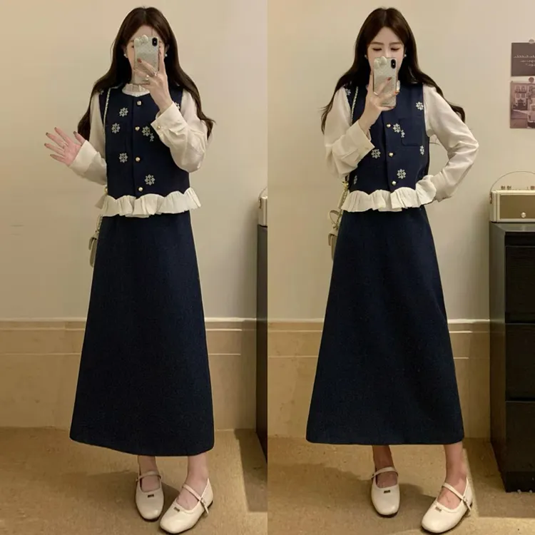 大码胖mm老钱风藏青色百搭出游小香风马甲上衣+打底+半身裙套装女