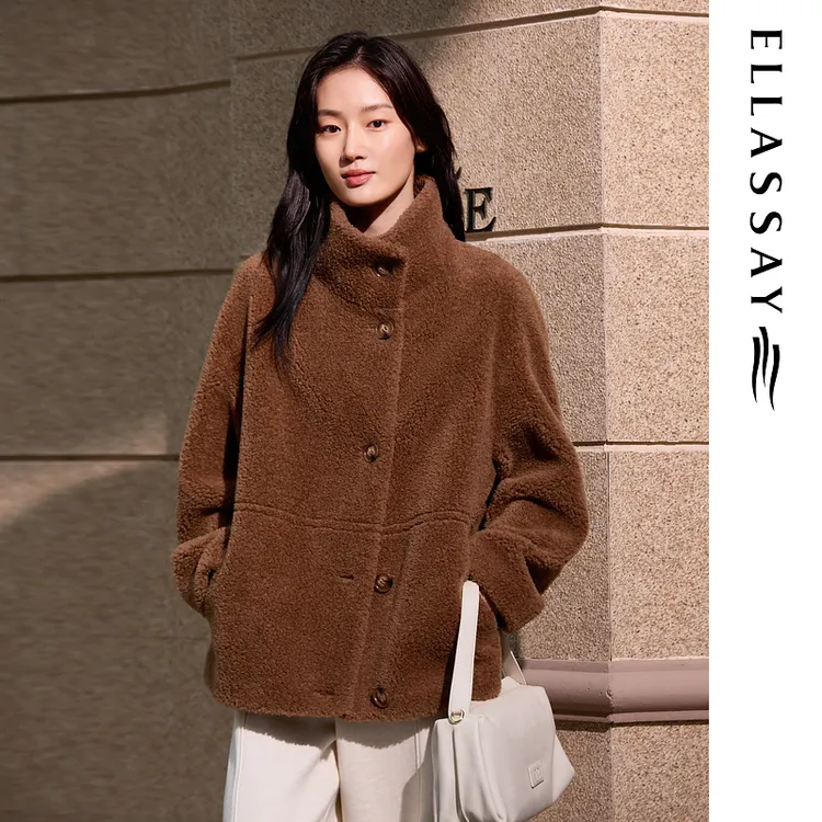 ELLASSAY歌力思2025冬季新款绵羊毛复古立领外套女EWW364D00400