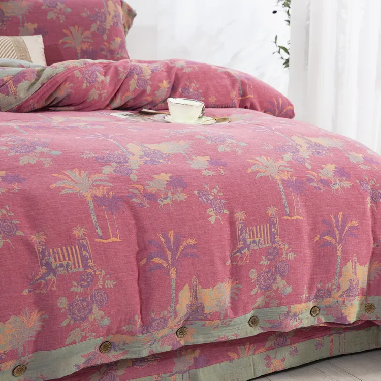 【全棉-粉色纽扣四件套合集】双层纱床单被罩四季家纺亲肤透气现货A