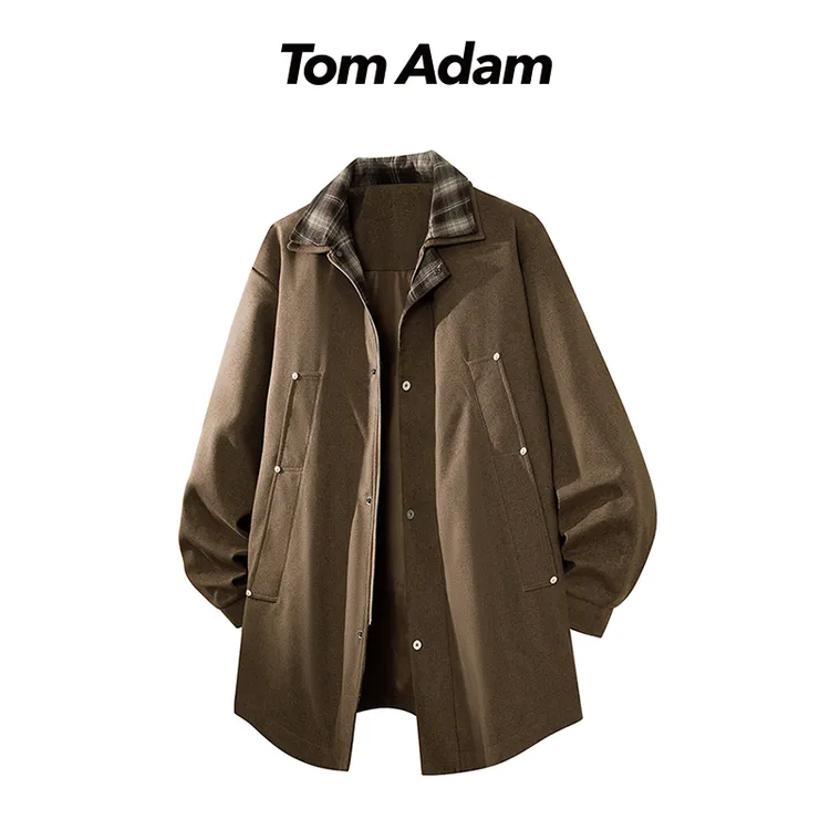 TOMADAM日系百搭高级拼接翻领夹克男士中长款休闲潮流秋季风衣