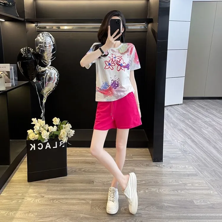 2025夏季新款印花运动套装女短袖+短裤减龄系