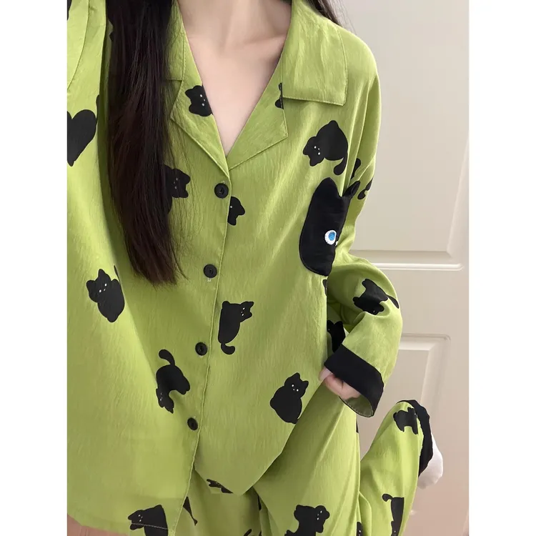韩版甜美撞色猫咪睡衣女春秋季新款长袖长裤女士可外穿家居服套装