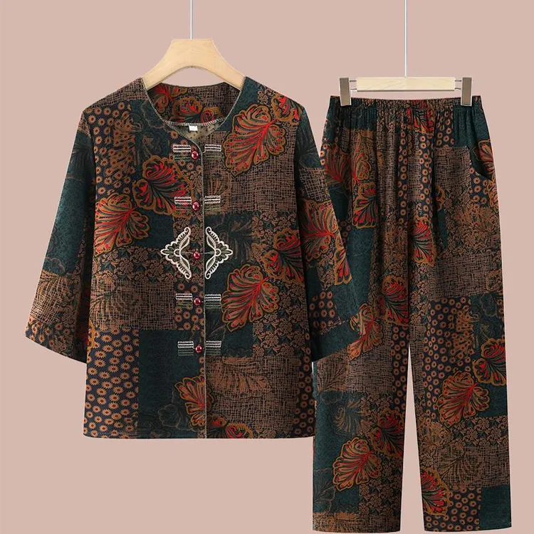 夏装棉绸套装中老年人短袖开襟外套女妈妈居家服老太太开衫睡衣服