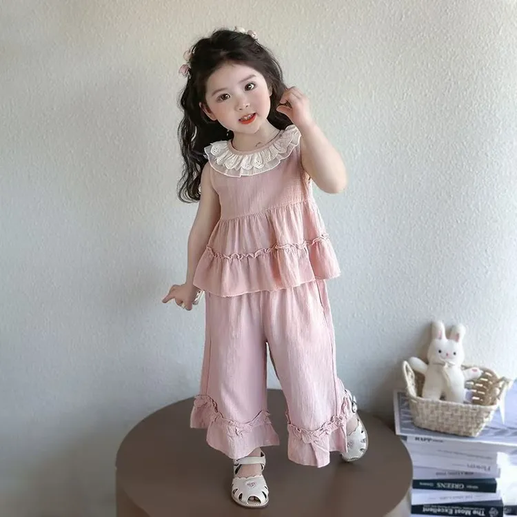 【甜心公主】女童夏季套装薄款女宝韩版洋气公主无袖上衣裤子两件套