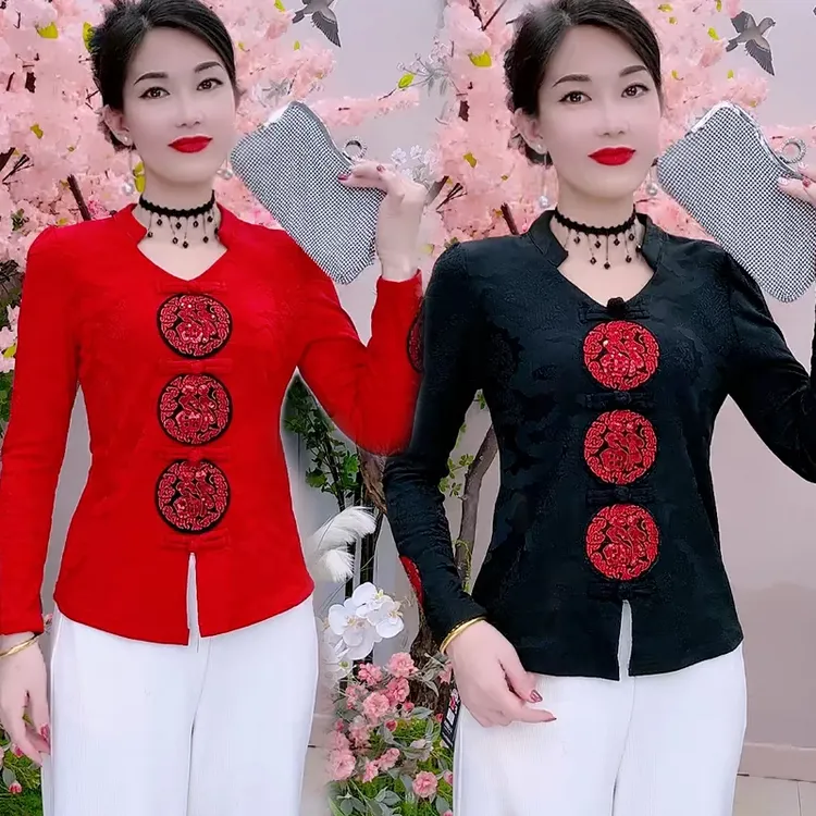 秋冬五福中式上衣加绒保暖内搭打底衫国风复古气质中老年大码小衫