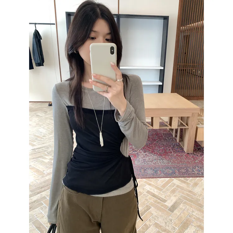Miss sumeyY3993自制早秋新款假两件撞色收腰长袖T恤女上衣