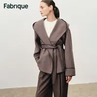 Fabrique Mila 秋冬灰驼色绵羊毛骆驼绒双面呢配腰带连帽短款大衣