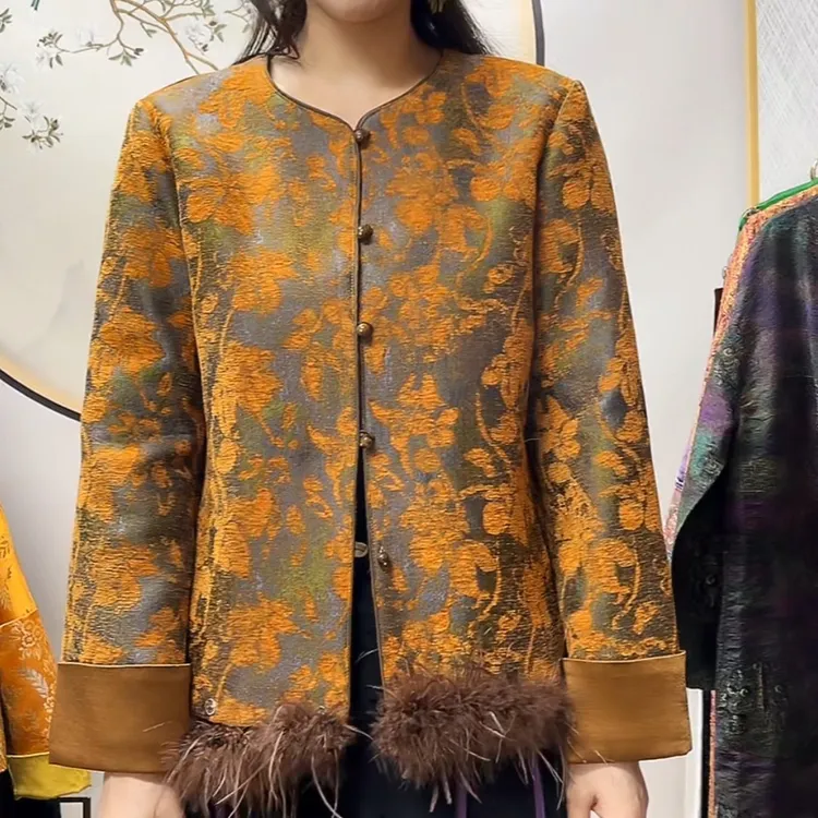 国风秋新款开衫复古单面外套新中式圆领上衣女