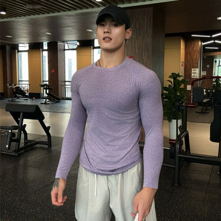 无缝提花长袖修身高弹肌肉健身男士兄弟训练圆领运动篮球T恤上衣