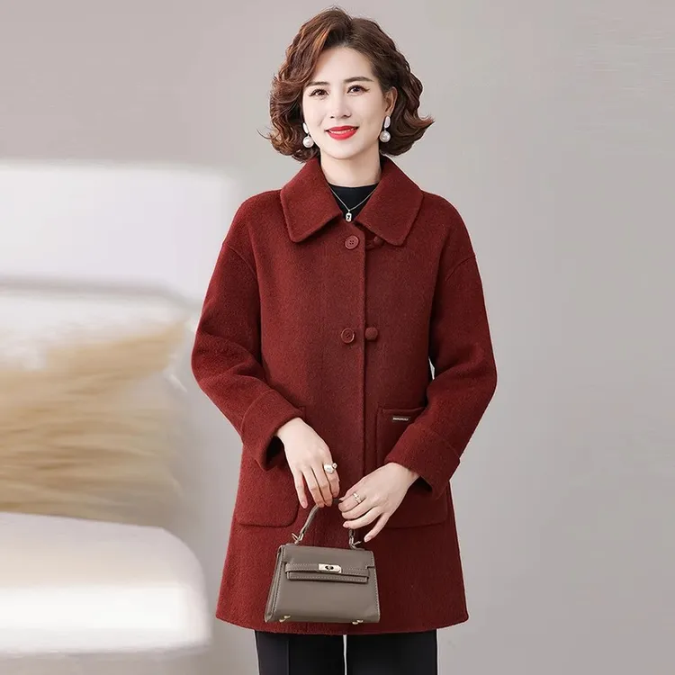 2025秋冬中年女双面羊绒大衣50多岁本命年酒红色妈妈羊毛呢子外套