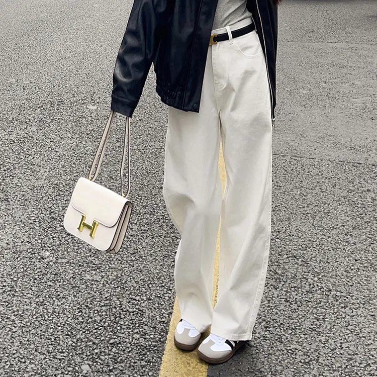 慵懒风高腰百搭常规直筒裤薄款牛仔裤阔腿裤白色牛仔时尚裤子2025