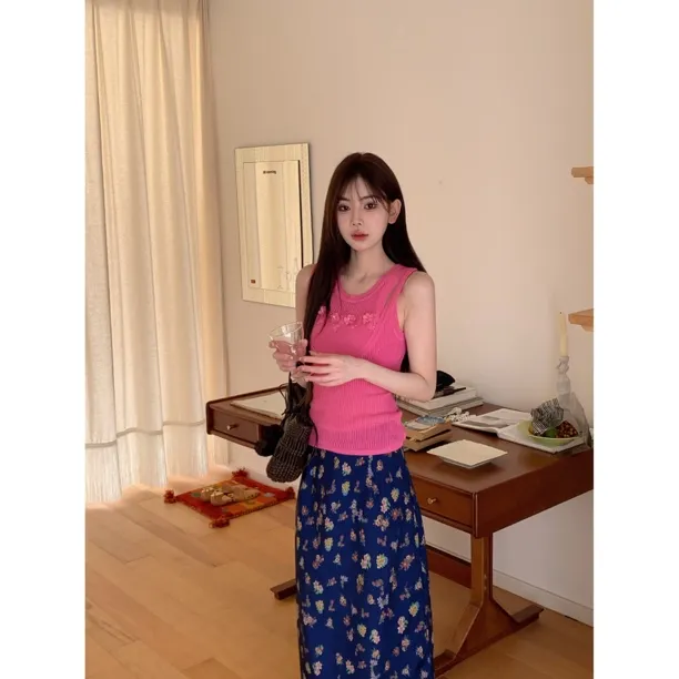【赵小小yiamo】6367 温柔风圆领拼接假两件重工立体花针织背心上衣