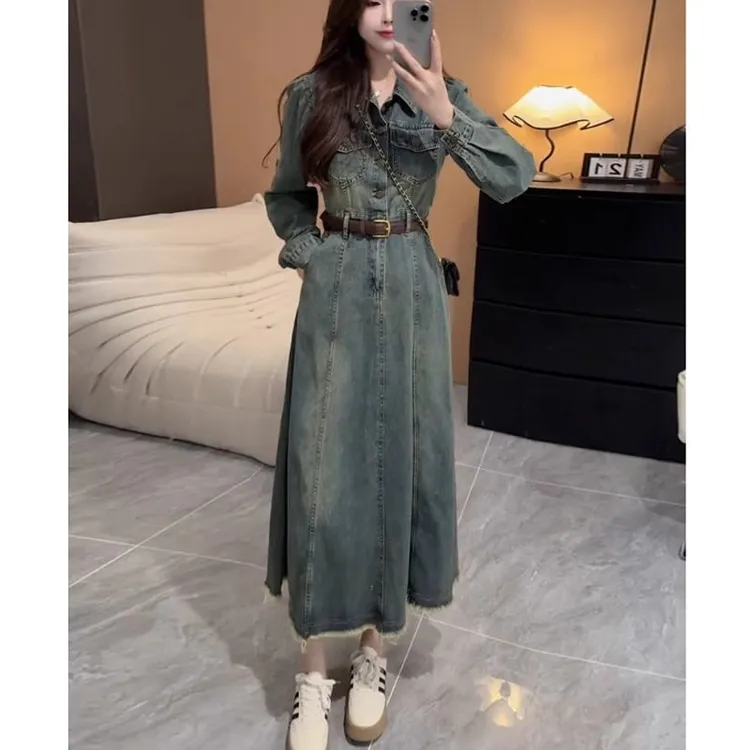 港风复古牛仔连衣裙2025秋季新款小众小个子收腰显瘦长袖A字长裙