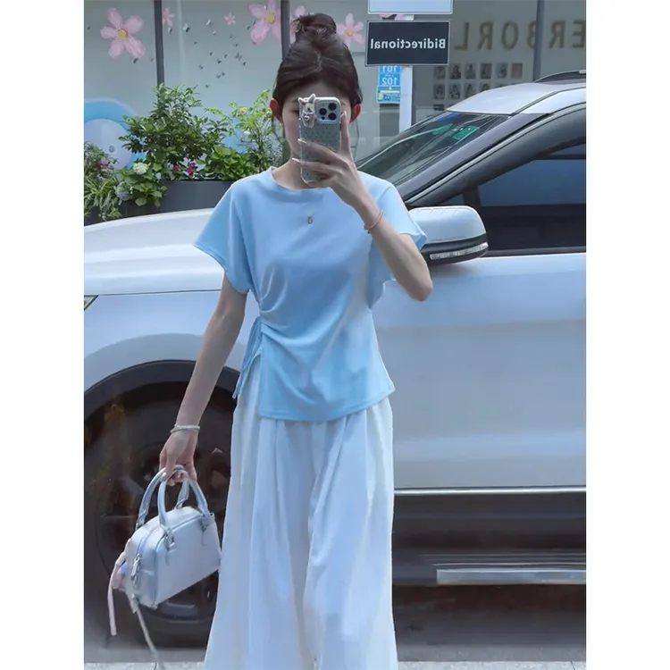 2025夏季新款韩系穿搭修身褶皱圆领T恤上衣气质高腰显瘦阔腿长裤