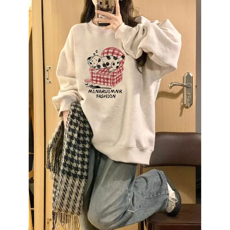 白灰色无帽圆领卫衣女秋冬款宽松慵懒风加绒加厚oversize上衣