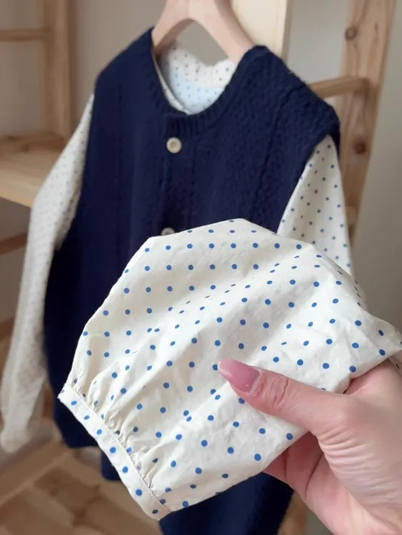 2025秋冬新款日系气质休闲学院风波点衬衫针织马甲背心两件套装女