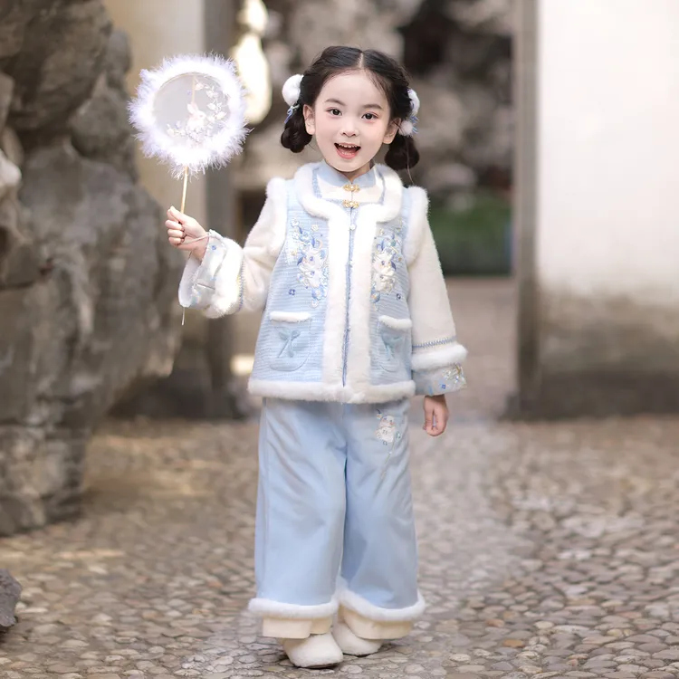 【游园小梦】汉服女童冬装25年中国风蓝色裤子套装女孩唐装拜年服