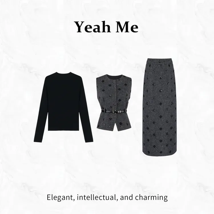 Yeah Me/也觅【奥斯克拉】秋冬新款复古风优雅百搭羊毛半身裙套装女