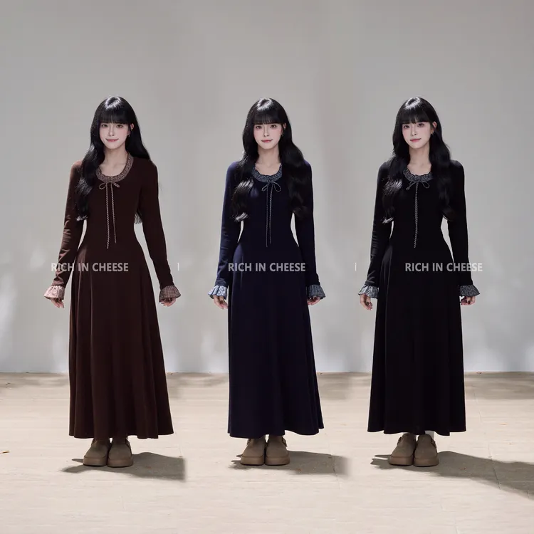 RICHINCHEESE 秋娜之夜 秋冬复古长袖格纹拼接针织弹力收腰连衣裙