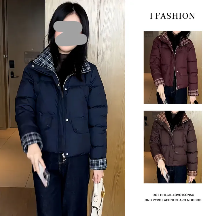 韩版休闲格纹拼接棉服女2025年冬季新款加厚保暖别致显瘦棉袄外套