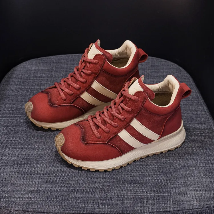 头层牛皮红色高帮鞋女鞋子2025秋季新款真皮复古百搭运动休闲板鞋